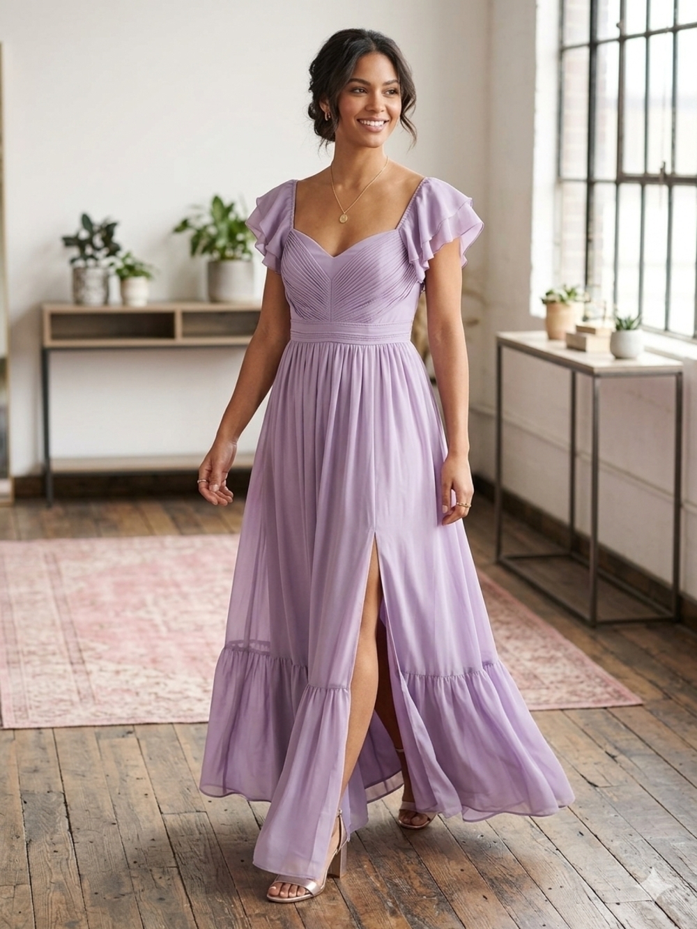 Birdy Grey Lavender Ruffled Flutter Sleeve Maxi Dress